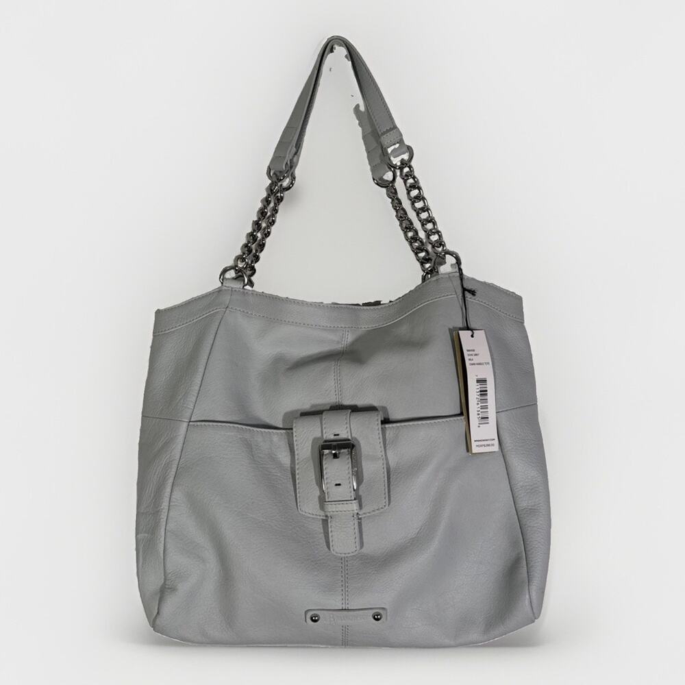 B Makowsky Dove Gray Leather Chain Shoulder Bag Tote Satchel Boho Large NWT $288
